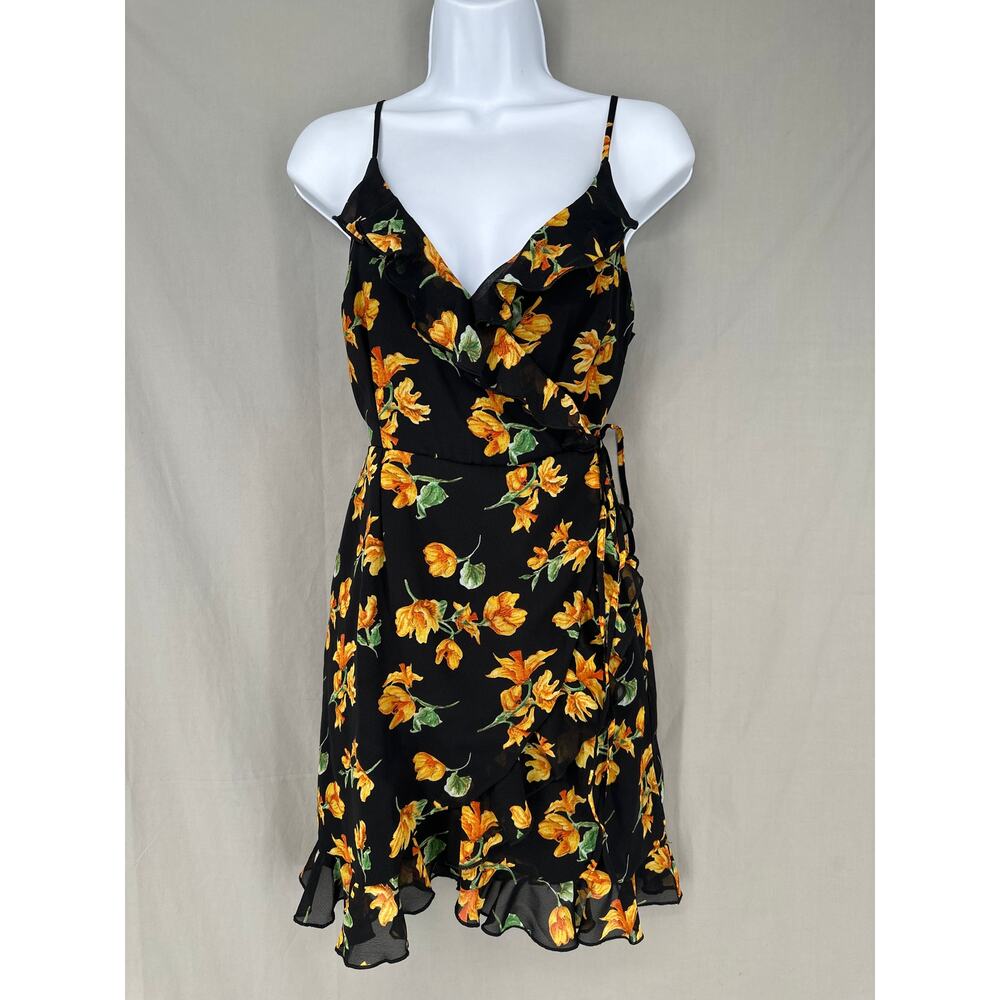 Topshop Dress Womens Small Black Floral Mini Ruffle Yellow Wrap Boho Cottagecore